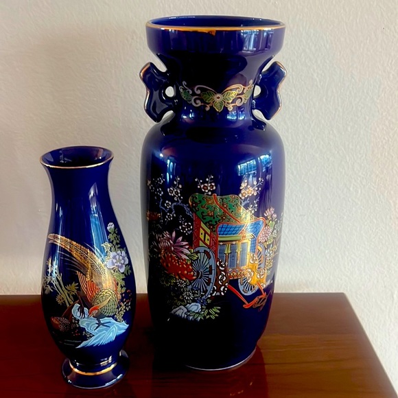 Other - 2 Vintage Japanese Cobalt Hand Painted  Ceramic Vases